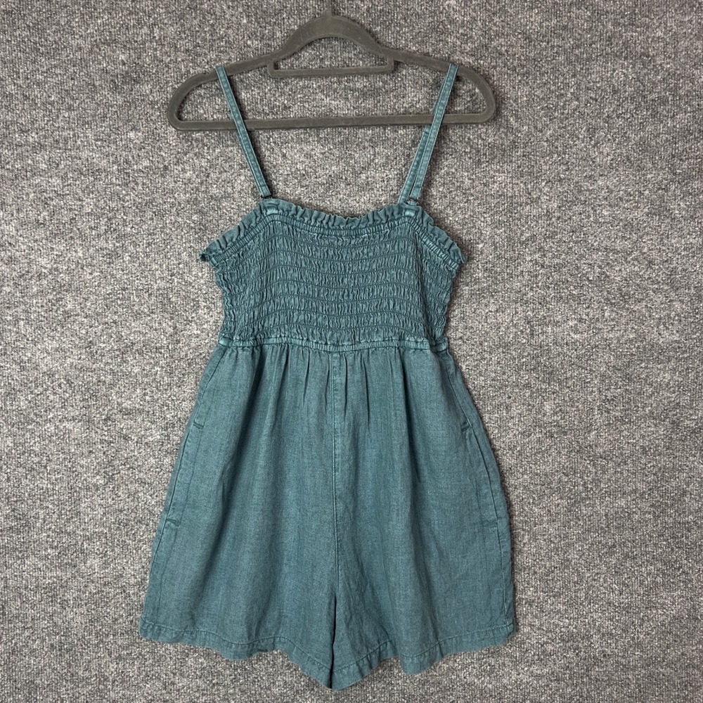 PILCRO by Urban Outfitters Smocked Bodice Linen‎ Blend Romper Teal XS